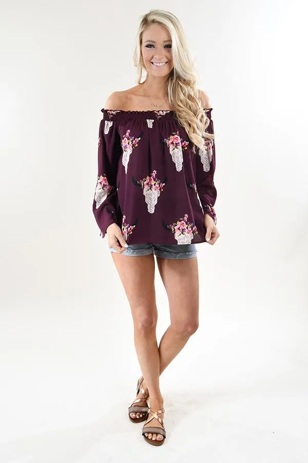 Deep Purple Floral Skull Off the Shoulder Top