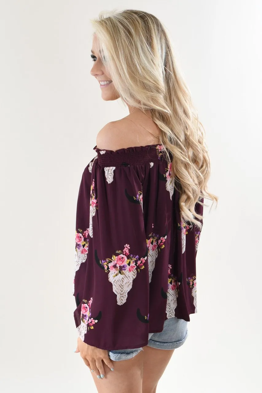 Deep Purple Floral Skull Off the Shoulder Top