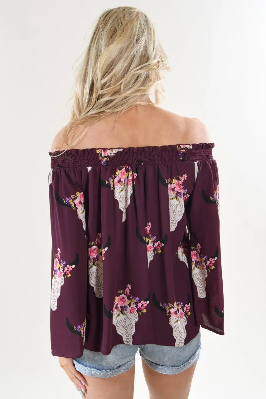 Deep Purple Floral Skull Off the Shoulder Top