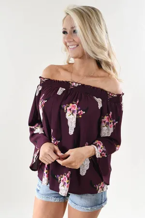 Deep Purple Floral Skull Off the Shoulder Top