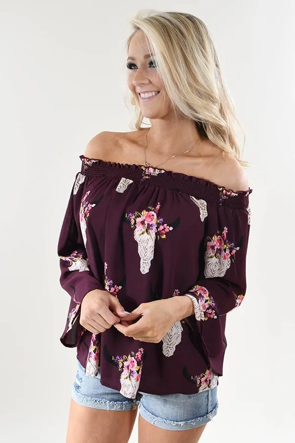 Deep Purple Floral Skull Off the Shoulder Top