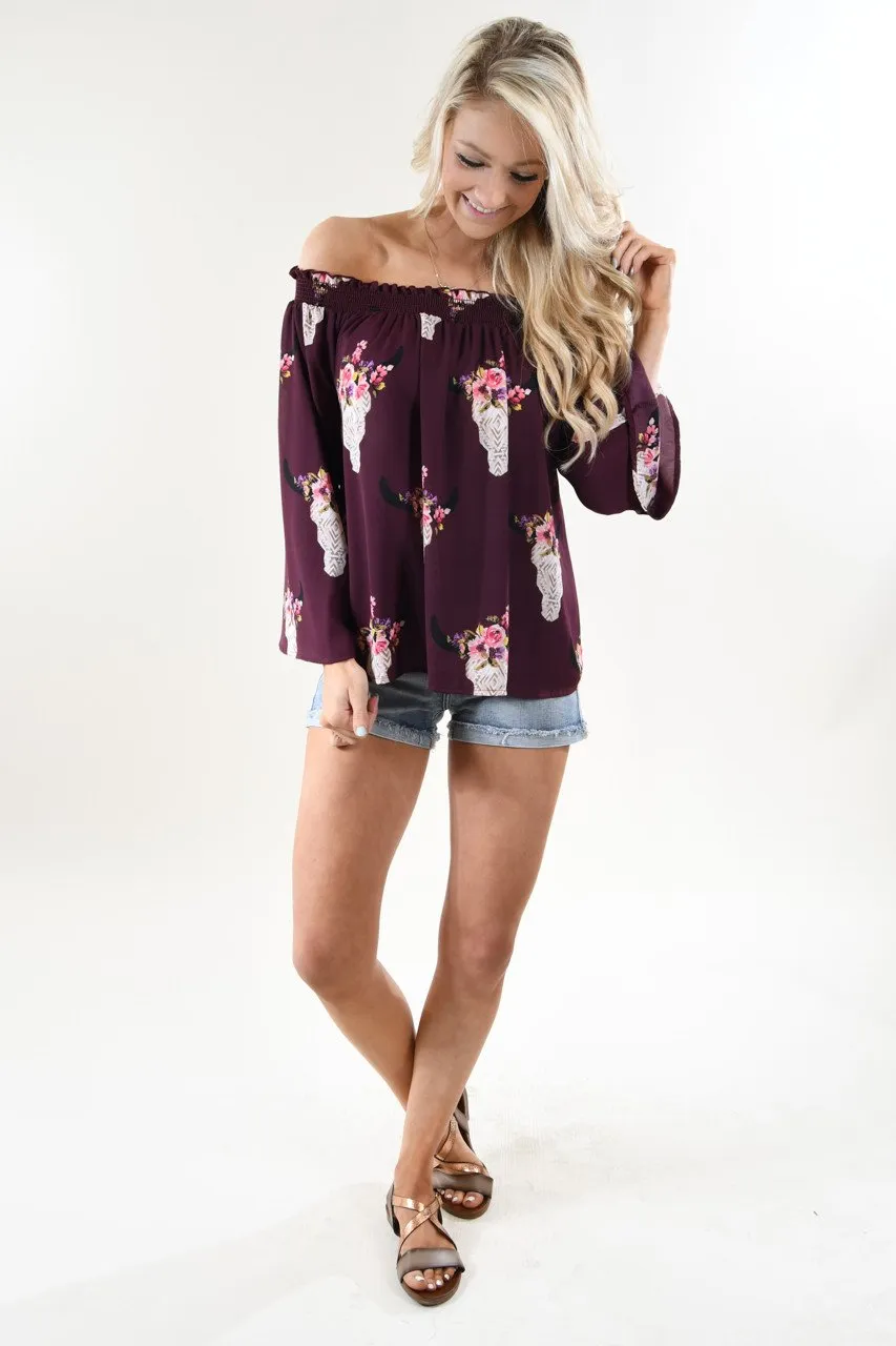Deep Purple Floral Skull Off the Shoulder Top
