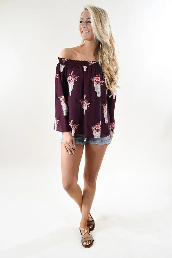 Deep Purple Floral Skull Off the Shoulder Top