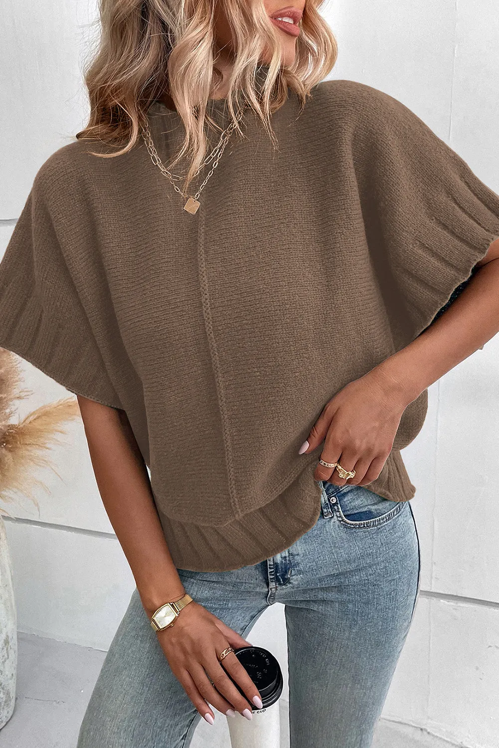 Desert Palm Mock Neck Batwing Sleeve Knit Sweater