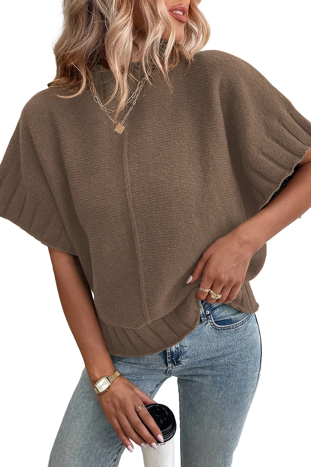 Desert Palm Mock Neck Batwing Sleeve Knit Sweater