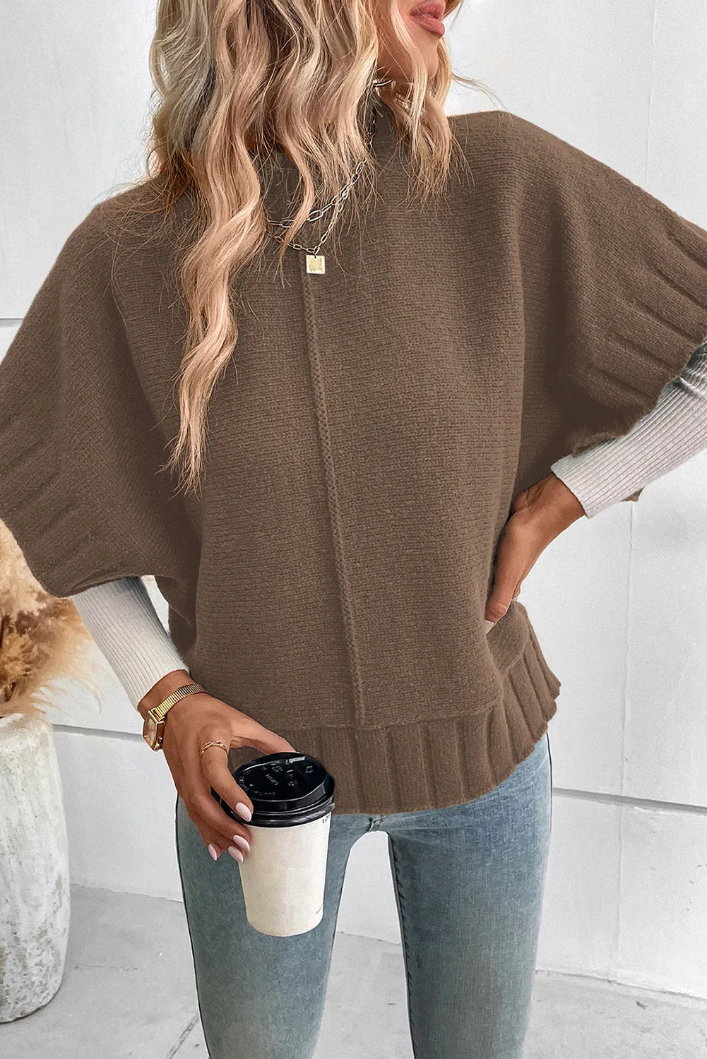 Desert Palm Mock Neck Batwing Sleeve Knit Sweater