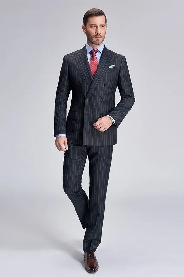 Double Breasted Mens Suits Stripes Dark Grey Suits for Men