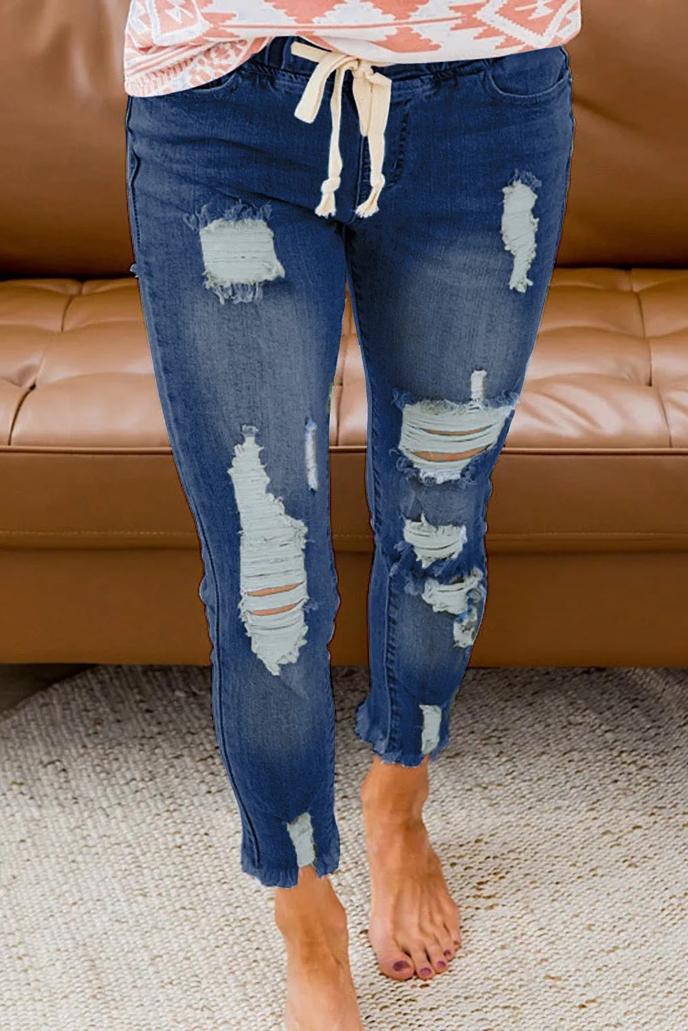 Drawstring Elastic Waist Hole Ripped Jeans