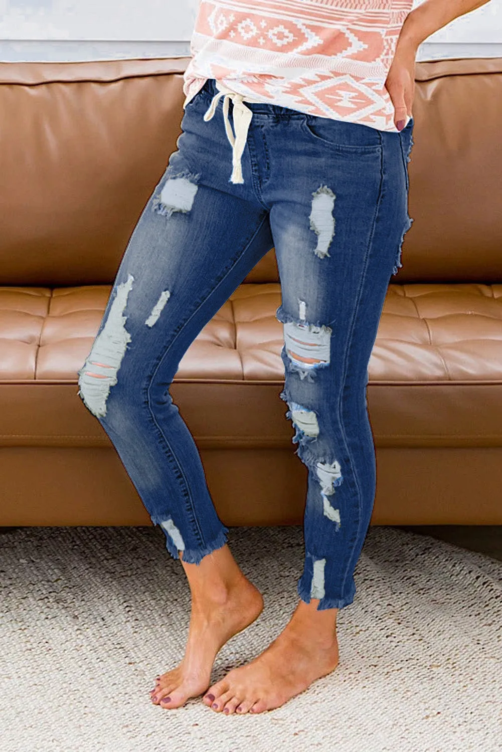 Drawstring Elastic Waist Hole Ripped Jeans