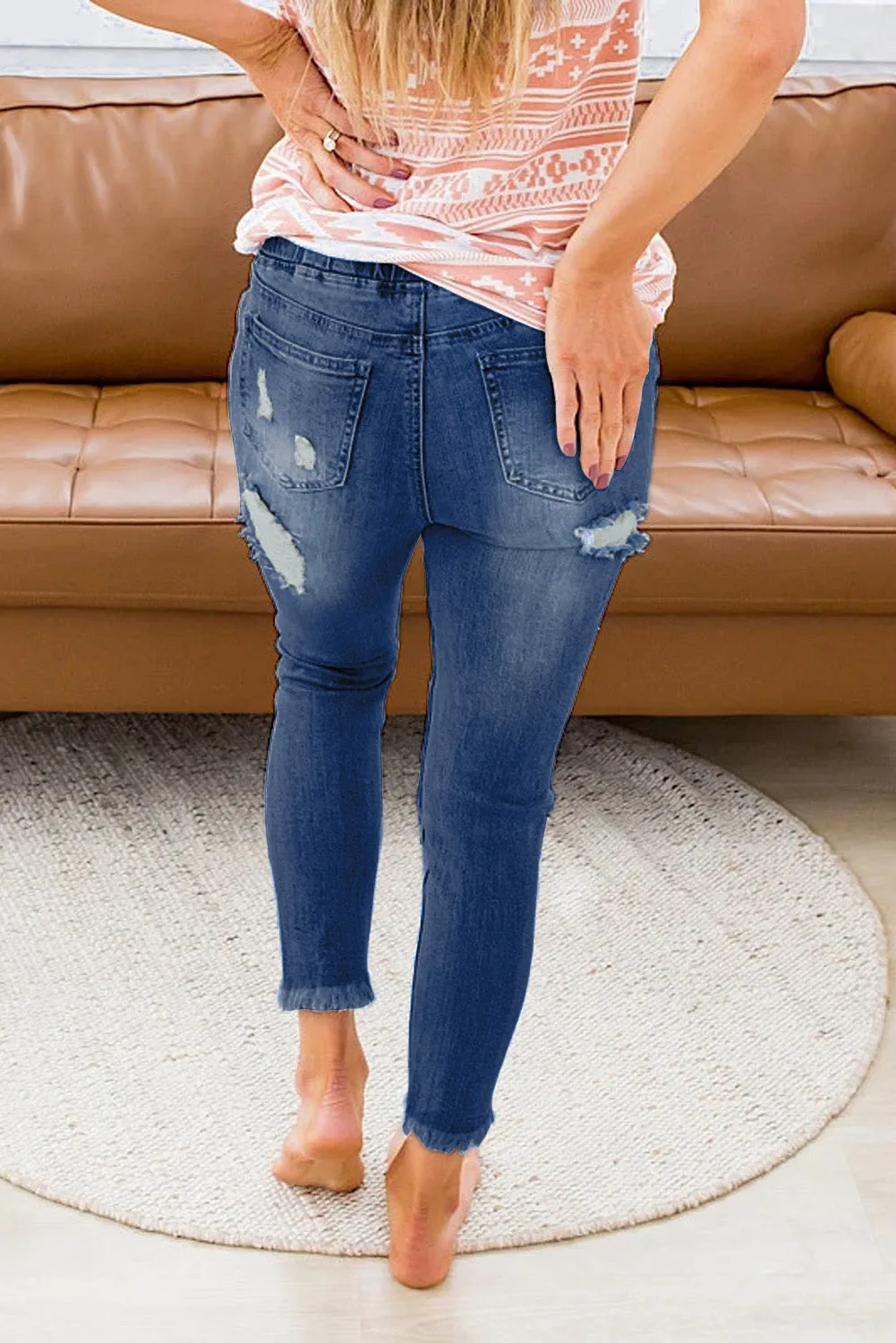 Drawstring Elastic Waist Hole Ripped Jeans