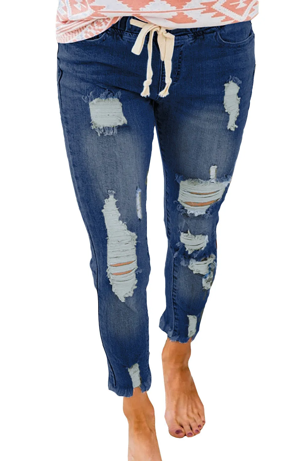 Drawstring Elastic Waist Hole Ripped Jeans