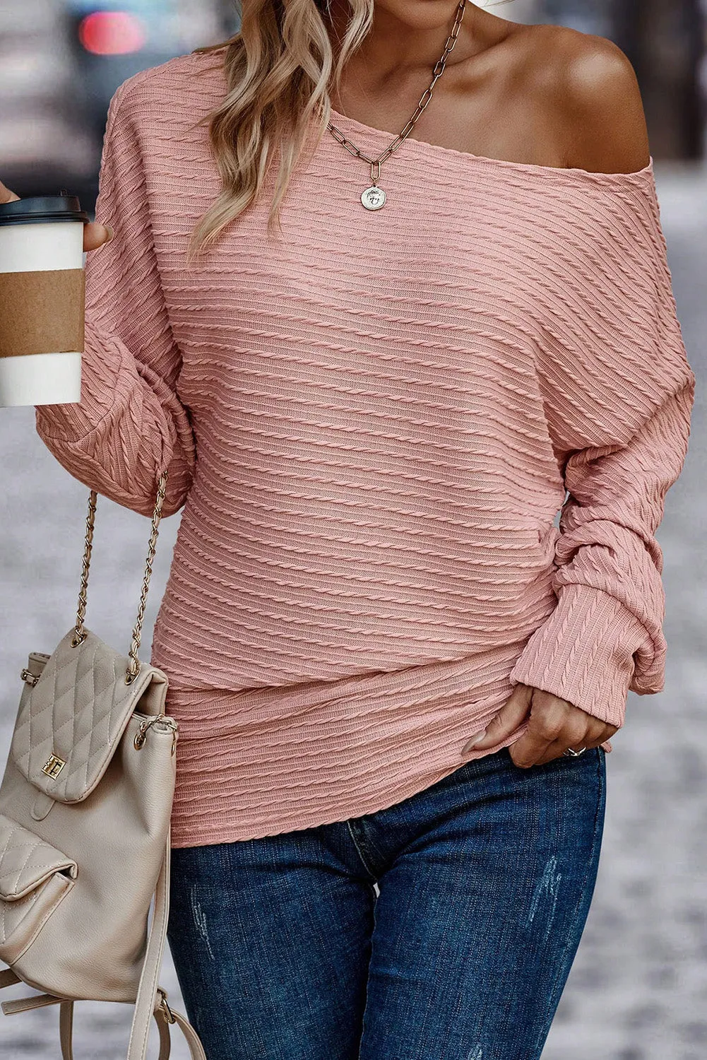 Dusty Pink Textured One Shoulder Batwing Sleeve Top