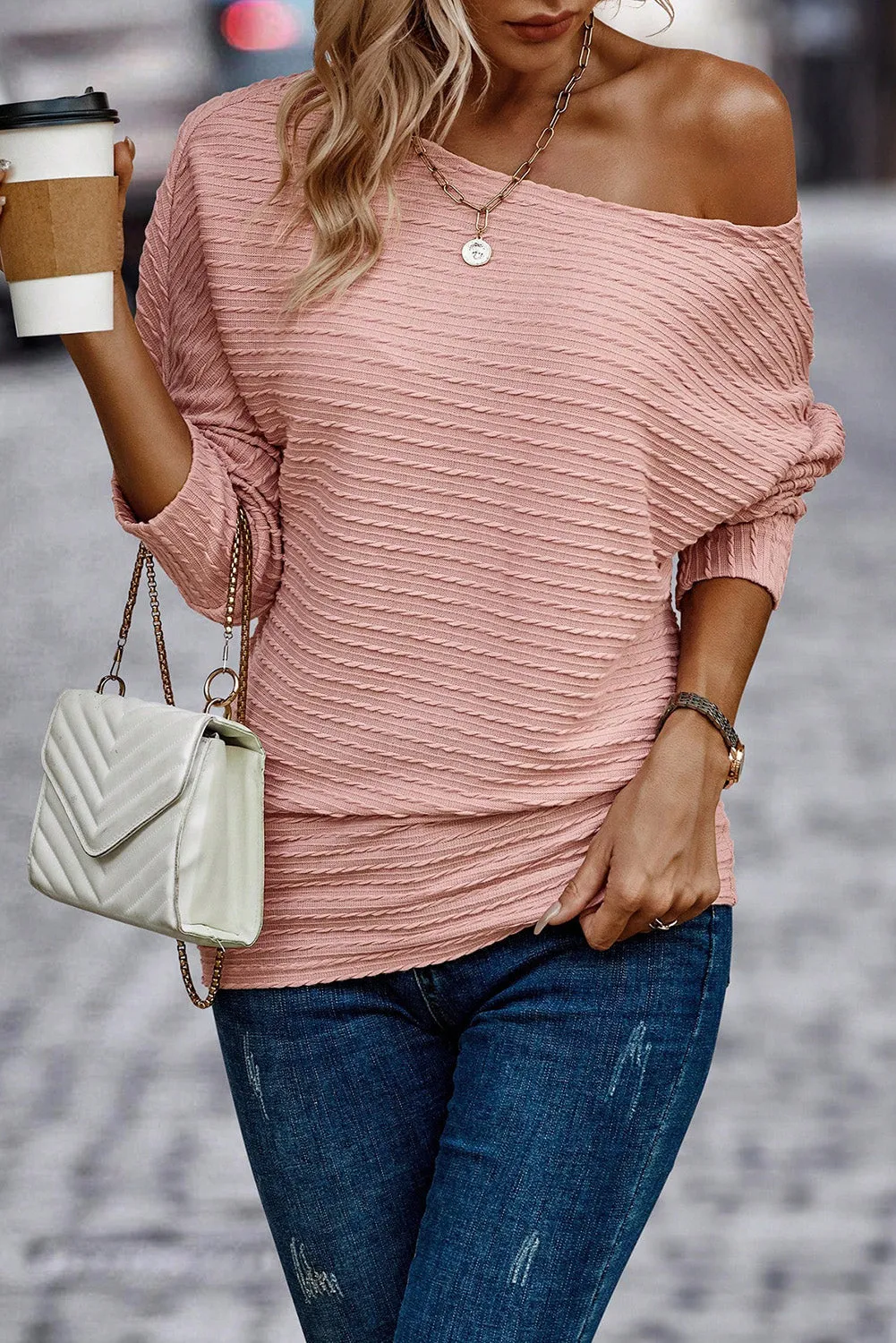 Dusty Pink Textured One Shoulder Batwing Sleeve Top