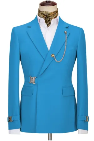 Fancy Blue Notched Lapel Tuxedo 2 Pieces With Metal Side Release Buckle Jacket Pants Prom Suits Party Singer Groom