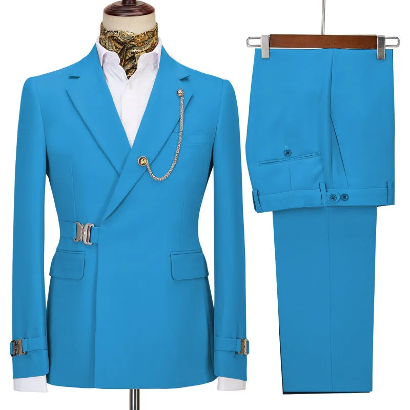 Fancy Blue Notched Lapel Tuxedo 2 Pieces With Metal Side Release Buckle Jacket Pants Prom Suits Party Singer Groom