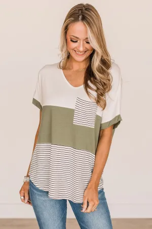 Feel The Joy Color Block Top- Off-White & Olive