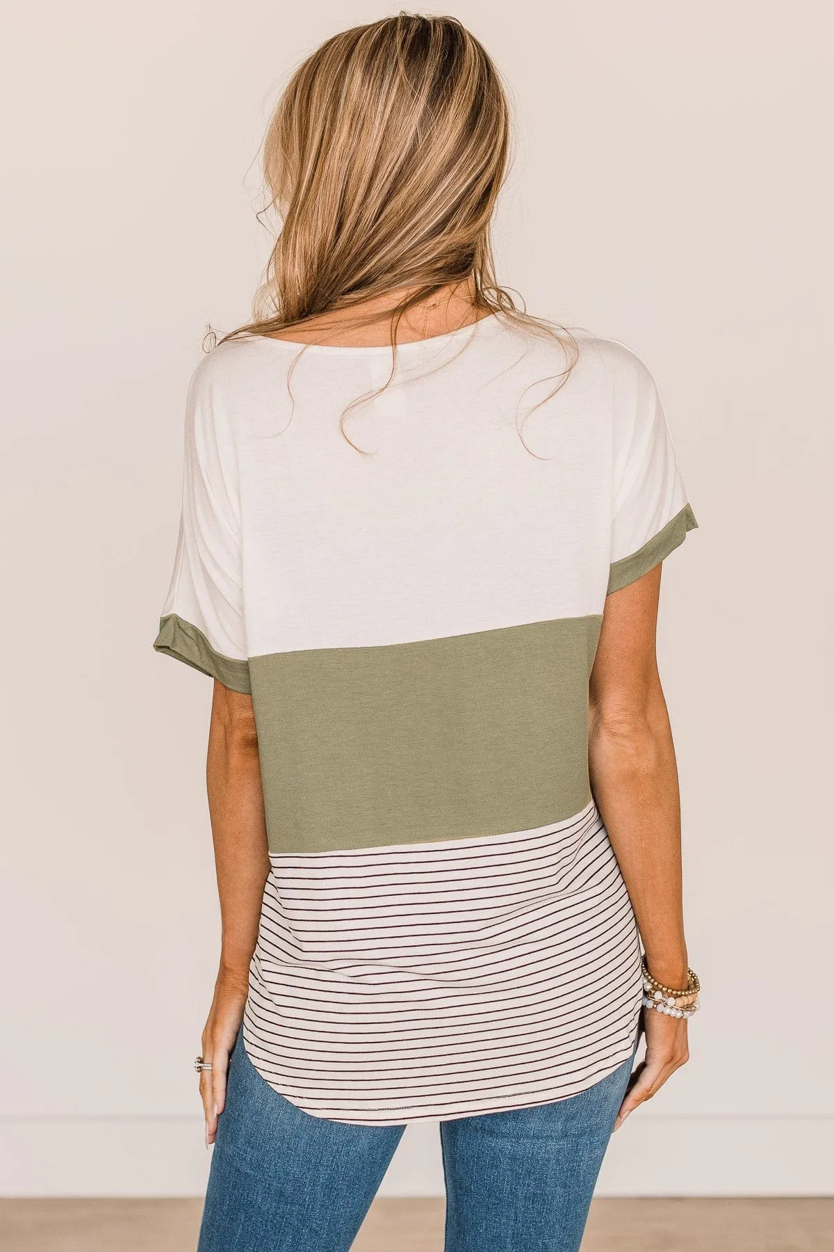 Feel The Joy Color Block Top- Off-White & Olive