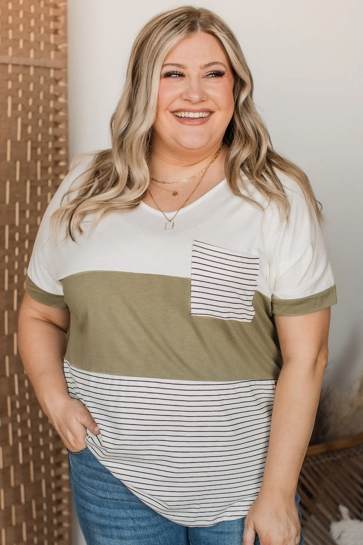 Feel The Joy Color Block Top- Off-White & Olive