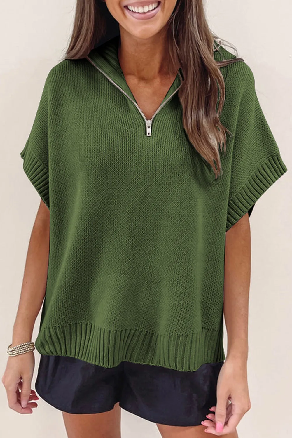 Fern Green Quarter Zip Short Batwing Sleeve Sweater