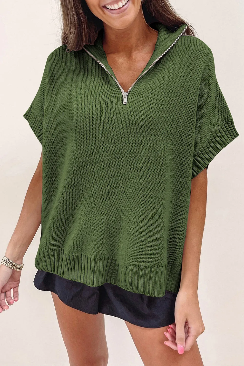 Fern Green Quarter Zip Short Batwing Sleeve Sweater