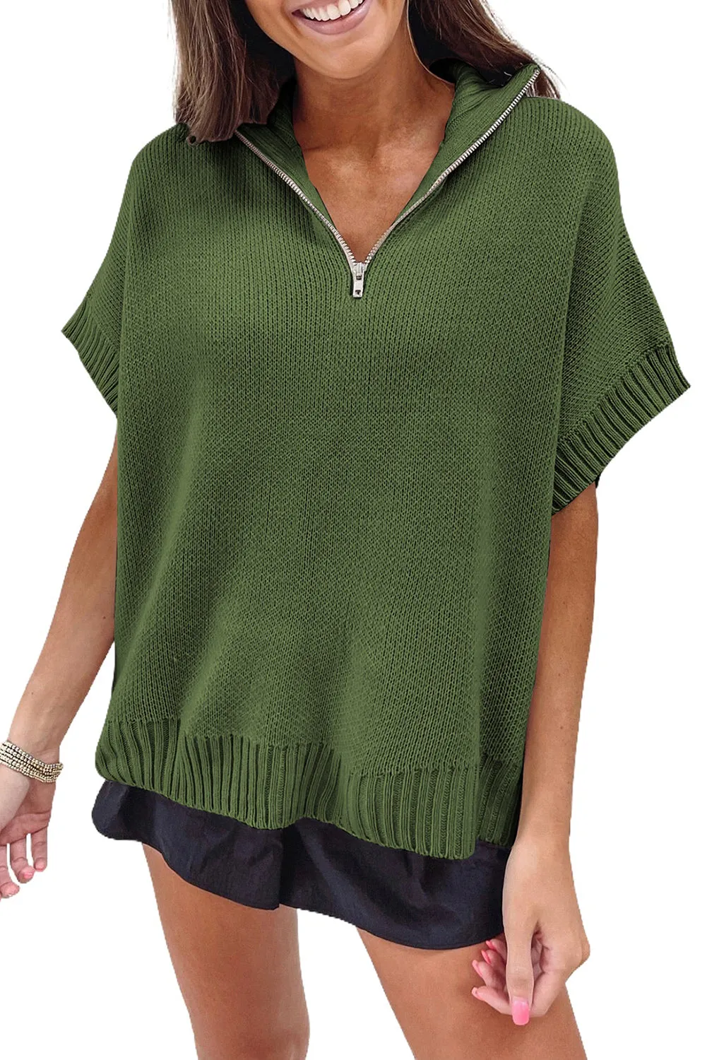 Fern Green Quarter Zip Short Batwing Sleeve Sweater