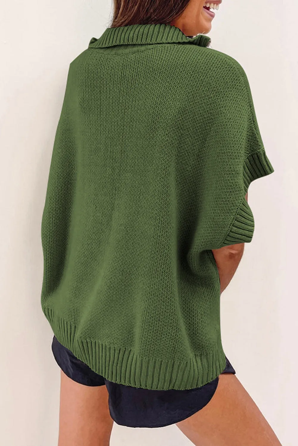 Fern Green Quarter Zip Short Batwing Sleeve Sweater