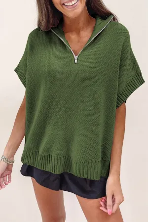 Fern Green Quarter Zip Short Batwing Sleeve Sweater