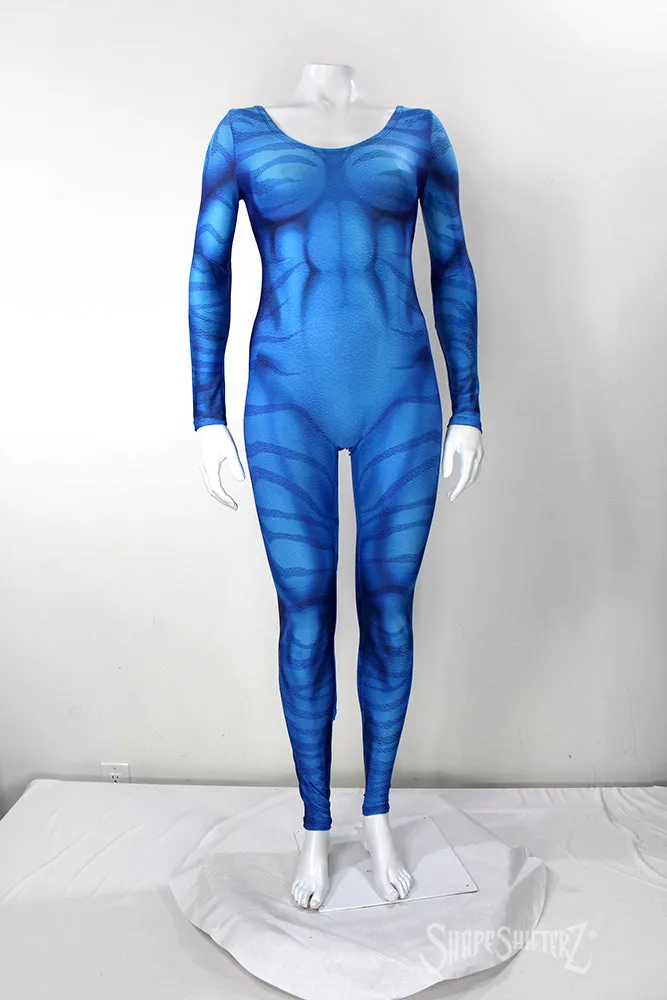 Figure-Enhancing Women's Blue Zebra  Scoop Neck Pull Up Bodysuit - Cosplay | Athletics | Performance