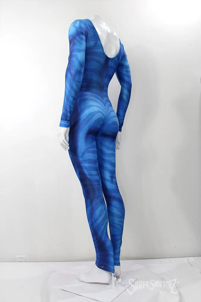 Figure-Enhancing Women's Blue Zebra  Scoop Neck Pull Up Bodysuit - Cosplay | Athletics | Performance