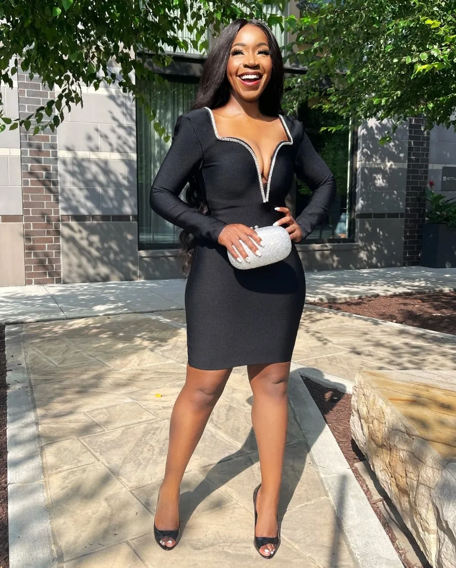 FINAL SALE! Blingy Onyx- Deep Plunging Detail Bandage Dress (CLEARANCE OUTLET! Final Sale/No Return/No Exchange!)