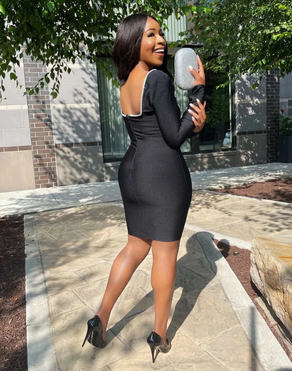 FINAL SALE! Blingy Onyx- Deep Plunging Detail Bandage Dress (CLEARANCE OUTLET! Final Sale/No Return/No Exchange!)