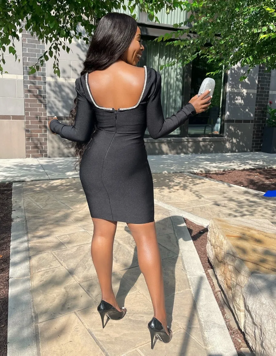 FINAL SALE! Blingy Onyx- Deep Plunging Detail Bandage Dress (CLEARANCE OUTLET! Final Sale/No Return/No Exchange!)