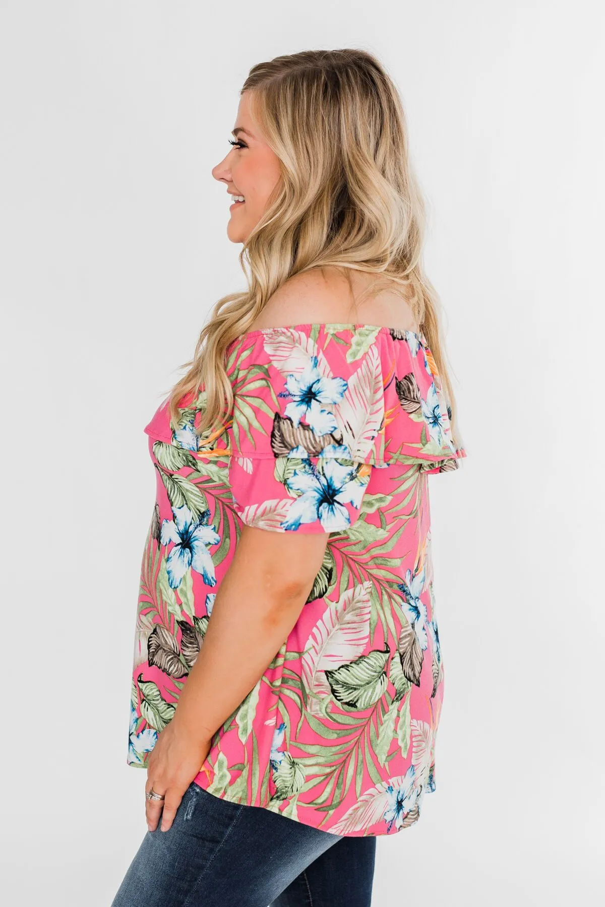 Floral Tropics Off The Shoulder Top- Pink