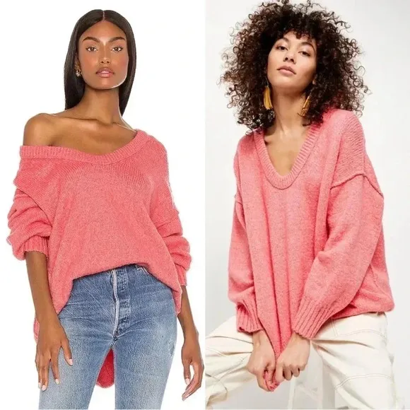 Free People Brookside Pink Oversized Dropped-Shoulder Sweater Size S (fits L)