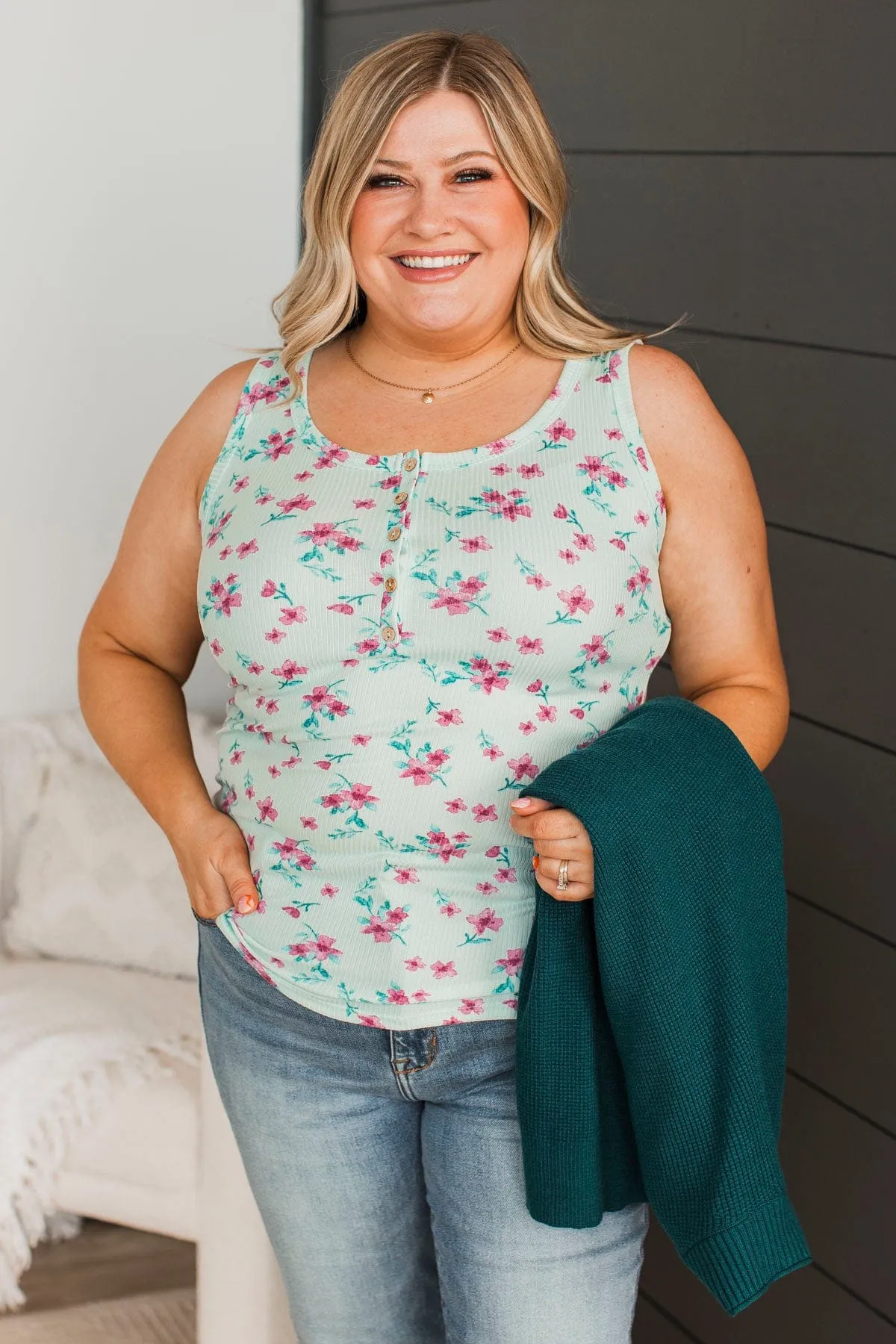 Friends For Life Floral Tank Top- Light Mint & Magenta