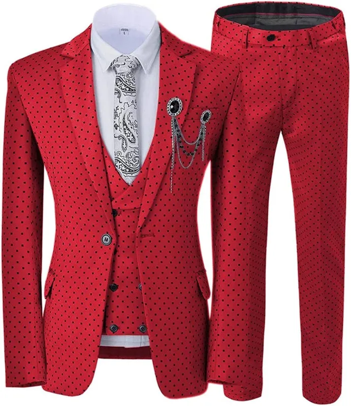 Glamorous Red Notched Lapel Black Dot Three Pieces Prom Suits Formal Tuxedos