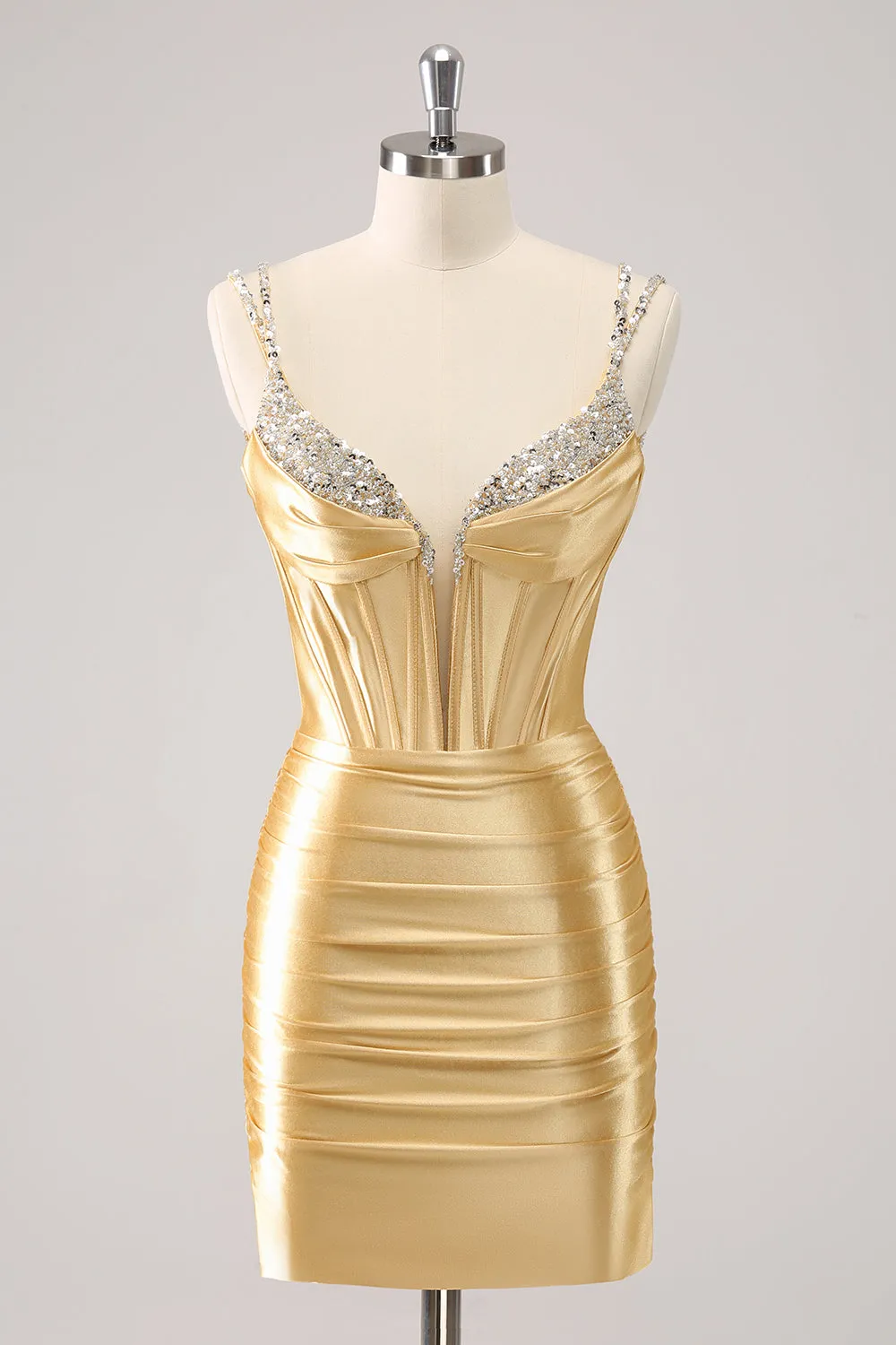 Gorgeous Golden Spaghetti Straps Corset Short Tight Homecoming Dress with Sequins