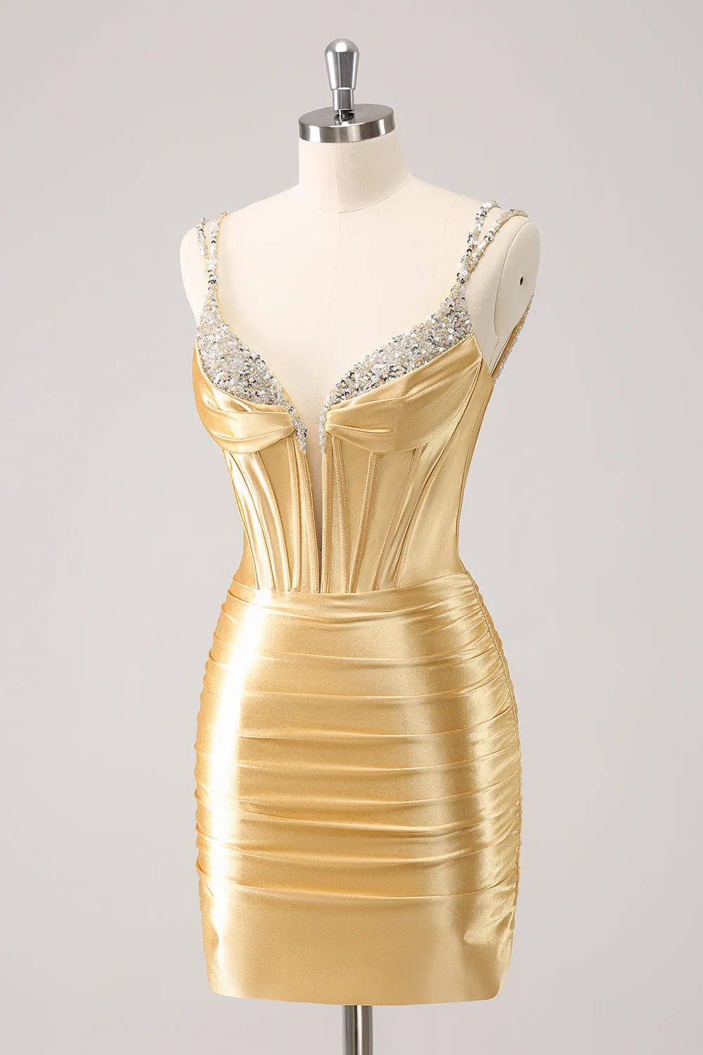 Gorgeous Golden Spaghetti Straps Corset Short Tight Homecoming Dress with Sequins