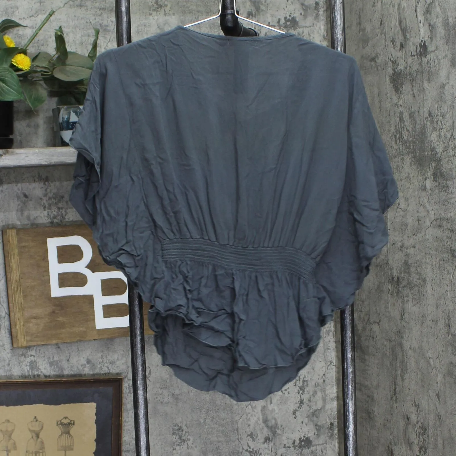 Grass Collection Womens Batwing Mesh Front Trim Blouse Shirt Gray / Black M