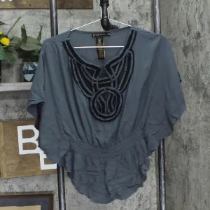 Grass Collection Womens Batwing Mesh Front Trim Blouse Shirt Gray / Black M