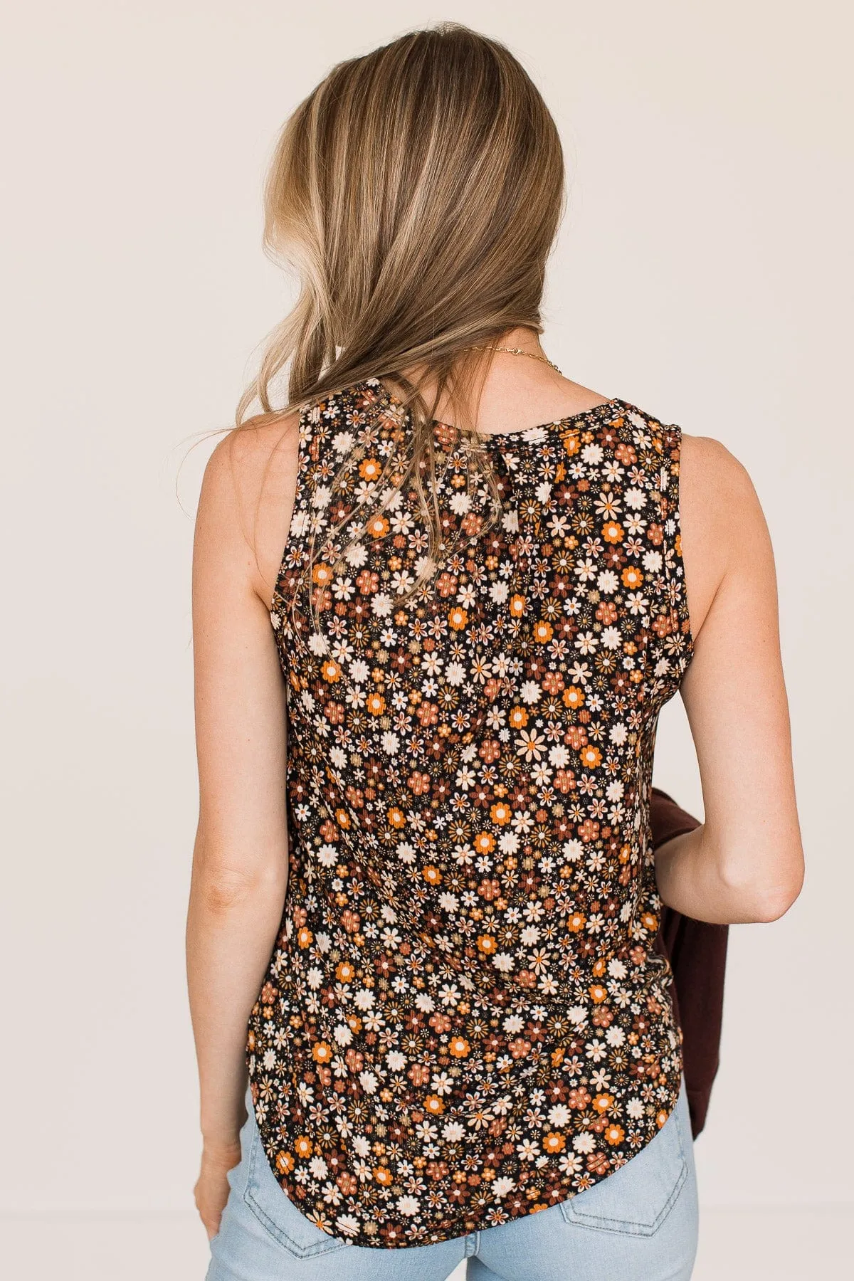 Grateful Hearts Floral Tank Top- Black & Rust