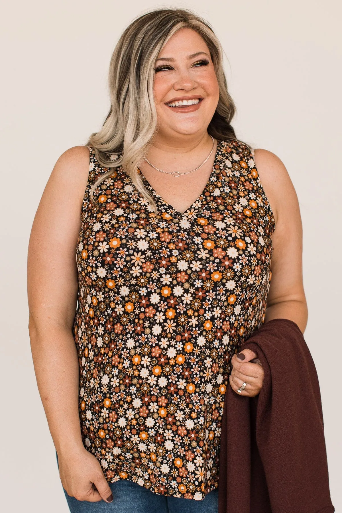 Grateful Hearts Floral Tank Top- Black & Rust