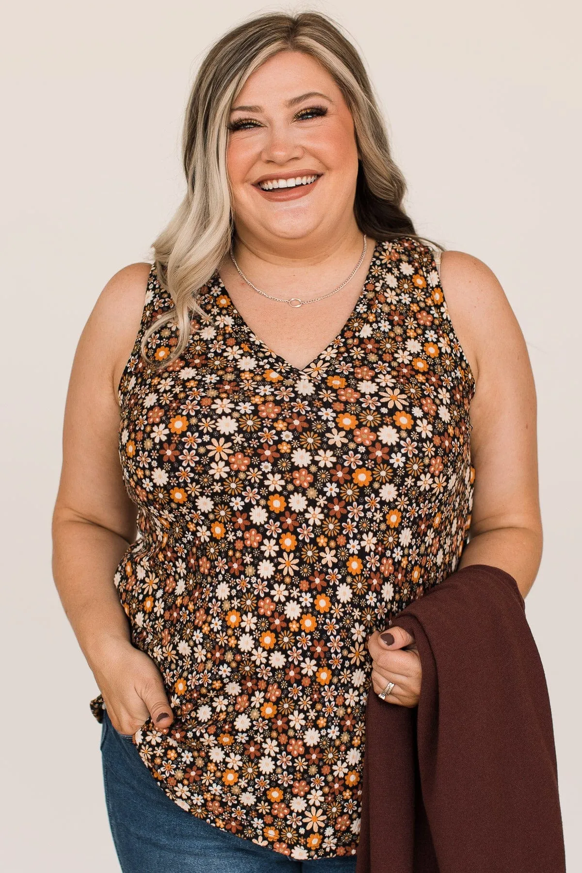 Grateful Hearts Floral Tank Top- Black & Rust