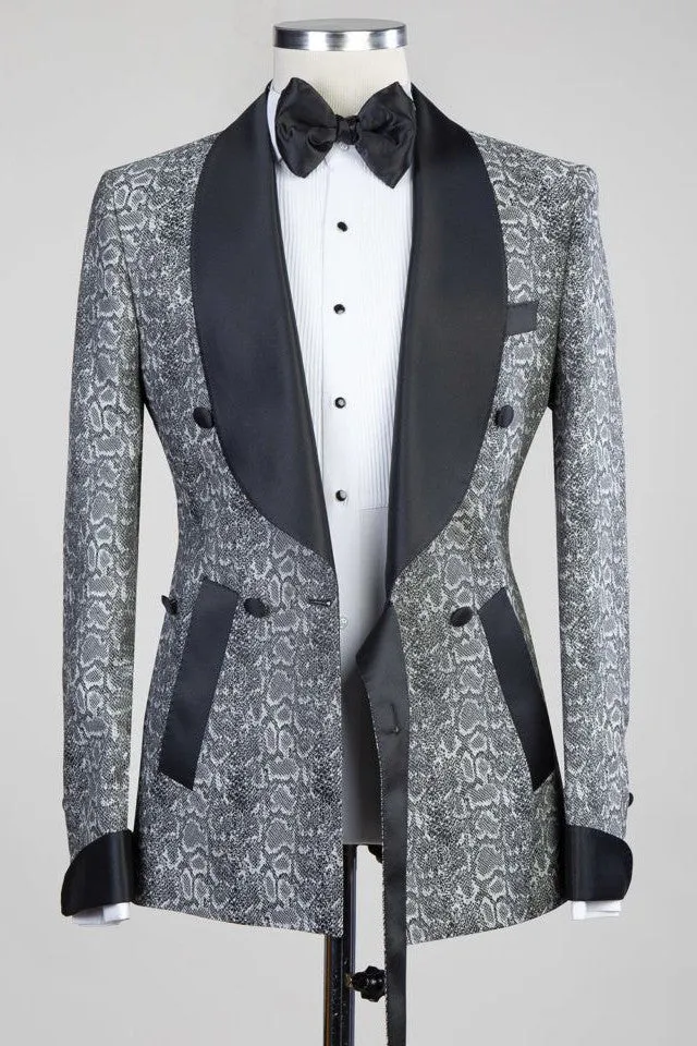 Gray Double Breasted Jacquard Wedding Men Suits with Black Lapel