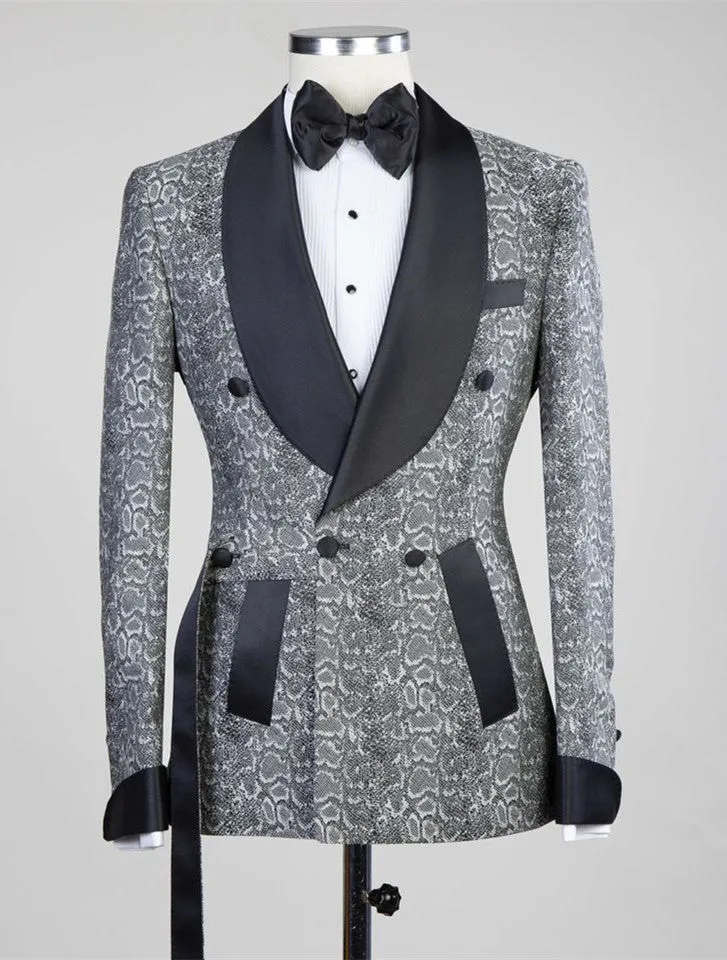 Gray Double Breasted Jacquard Wedding Men Suits with Black Lapel