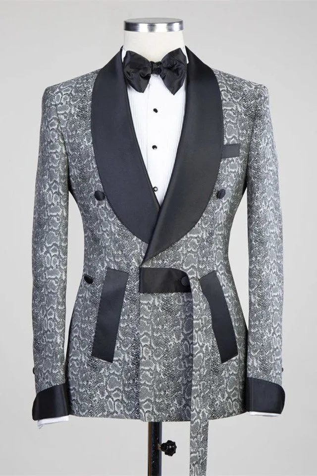 Gray Double Breasted Jacquard Wedding Men Suits with Black Lapel