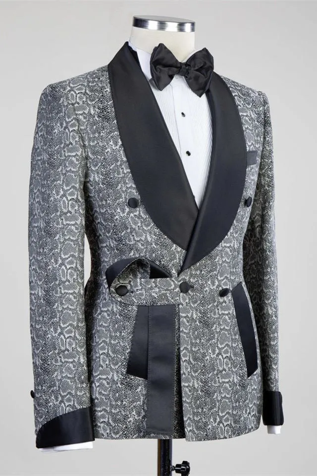 Gray Double Breasted Jacquard Wedding Men Suits with Black Lapel