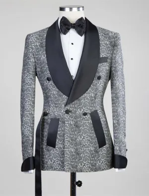 Gray Double Breasted Jacquard Wedding Men Suits with Black Lapel