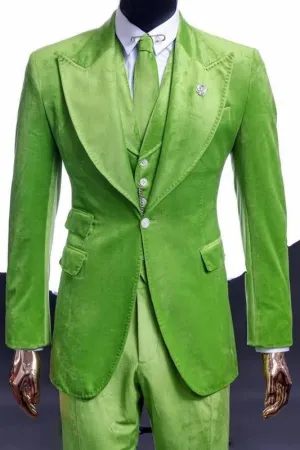 Green Peaked Lapel Three Pieces Velvet Prom Suits One Button Wedding Groom Suits