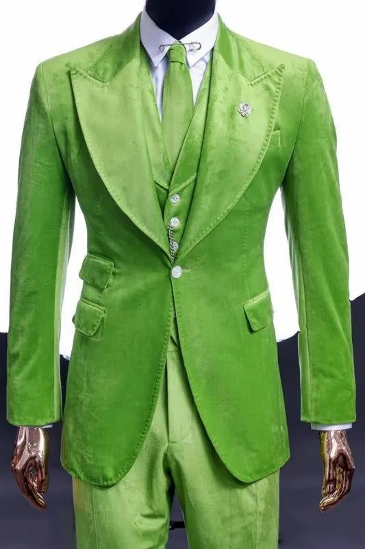 Green Peaked Lapel Three Pieces Velvet Prom Suits One Button Wedding Groom Suits